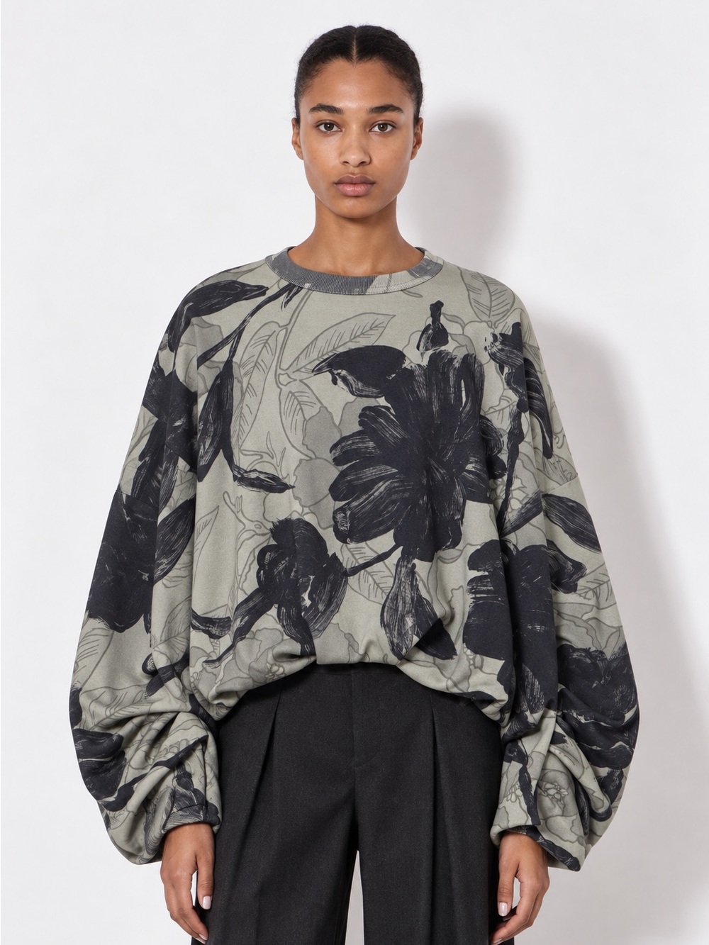 Dries Van Noten Draped Floral Sweatshirt Cotton Jersey Grey Black M